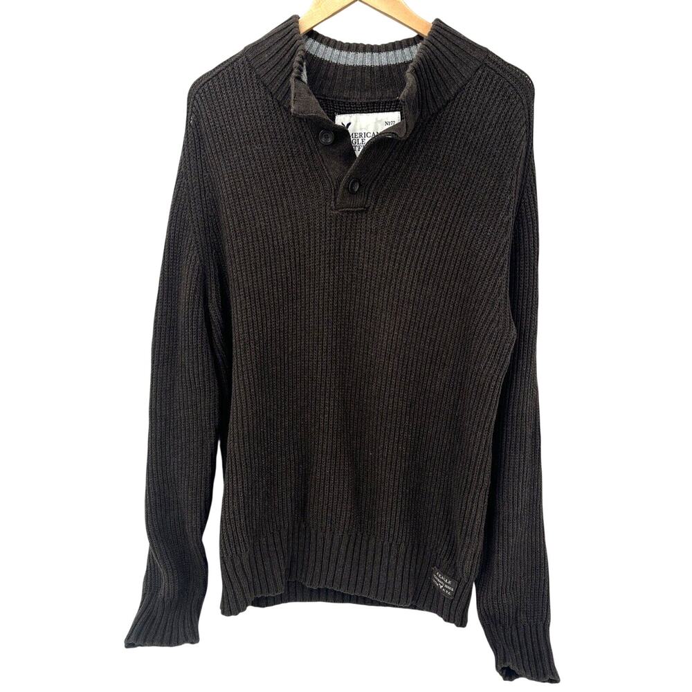 American Eagle Sweater Mens‎ XL Brown 1/4 Button Ribbed Knit Fisherman Coastal